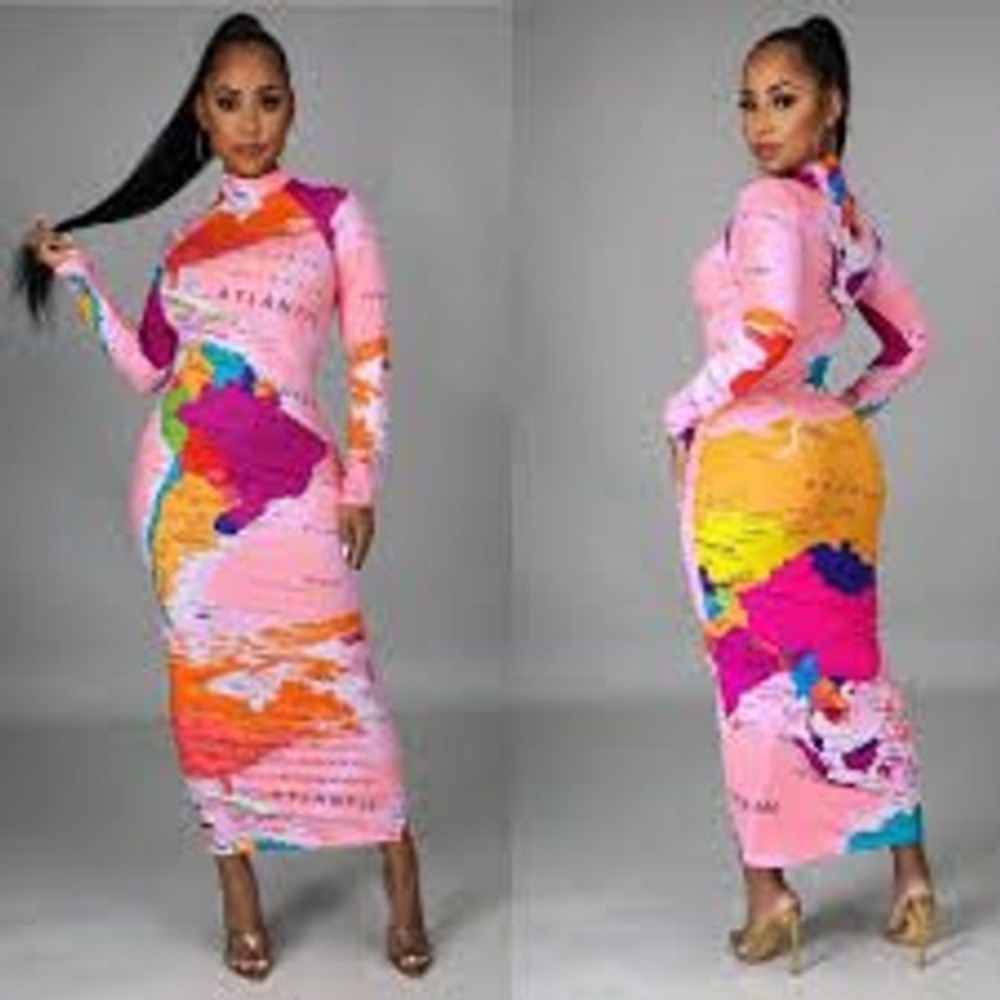 Annes Apparel Dress M Pink AOP World Map All Over Print Stretch Bodycon Travel
